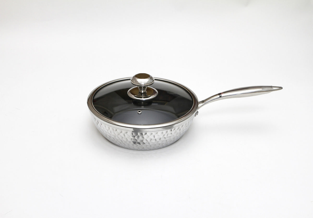 Taniguchi Metal Hammered Forged Deep Frying Pan with Glass Lid 24cm IH H75