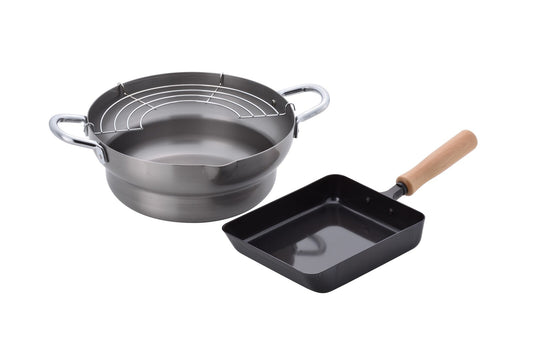 Wahei Freiz Chitose Iron Tamagoyaki Pan 14x18cm & Tempura Pot 24cm CS-041