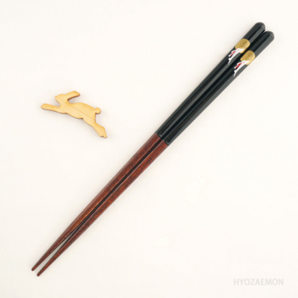 Hyozaemon Happy White Rabbit Chopsticks and Rest Gift Set Black 23.5cm Kiri Box
