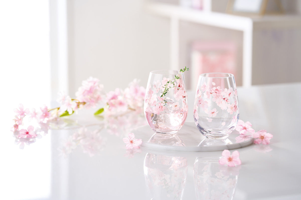 Toyo-Sasaki Glass Sakura Flower Pattern Pair Tumbler Set