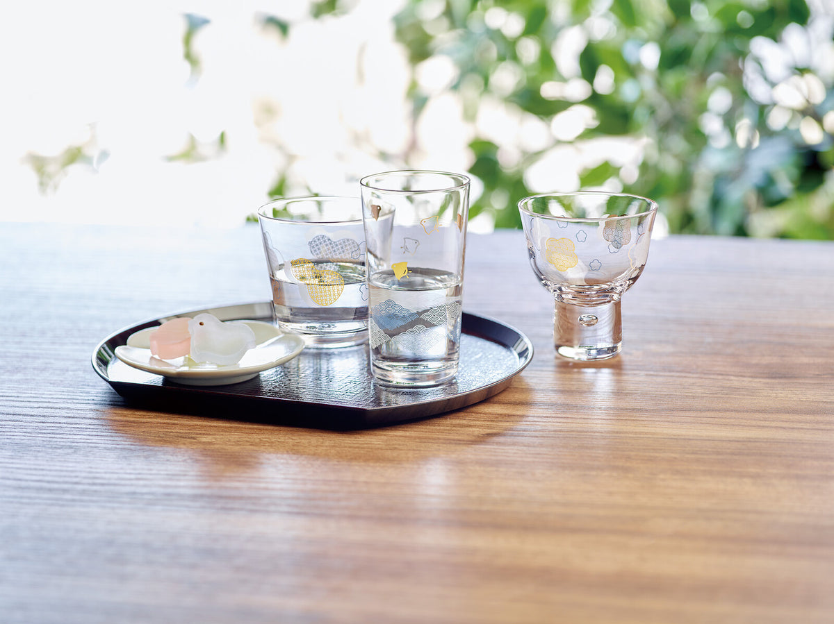 Toyo-Sasaki Glass Wamon Sake Cup Plum and Seigaiha Pattern