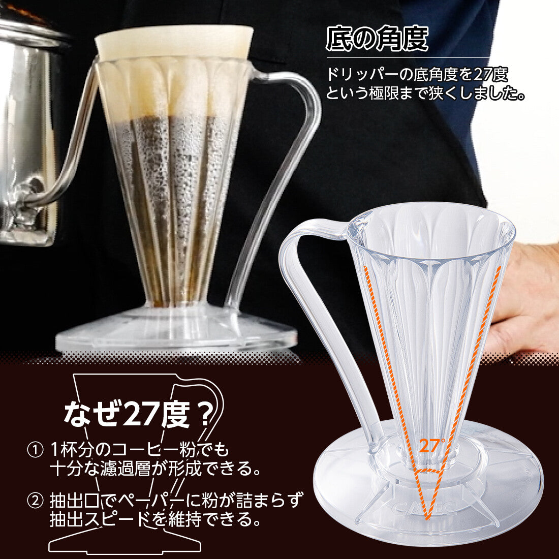 CAFEC Flower Dripper Deep 27 Pour Over Coffee Cone 1 Cup Clear Black FDD-27CB