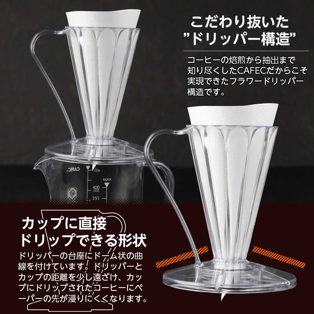 CAFEC Flower Dripper Deep 27 Pour Over Coffee Cone 1 Cup Clear Brown FDD-27CBR