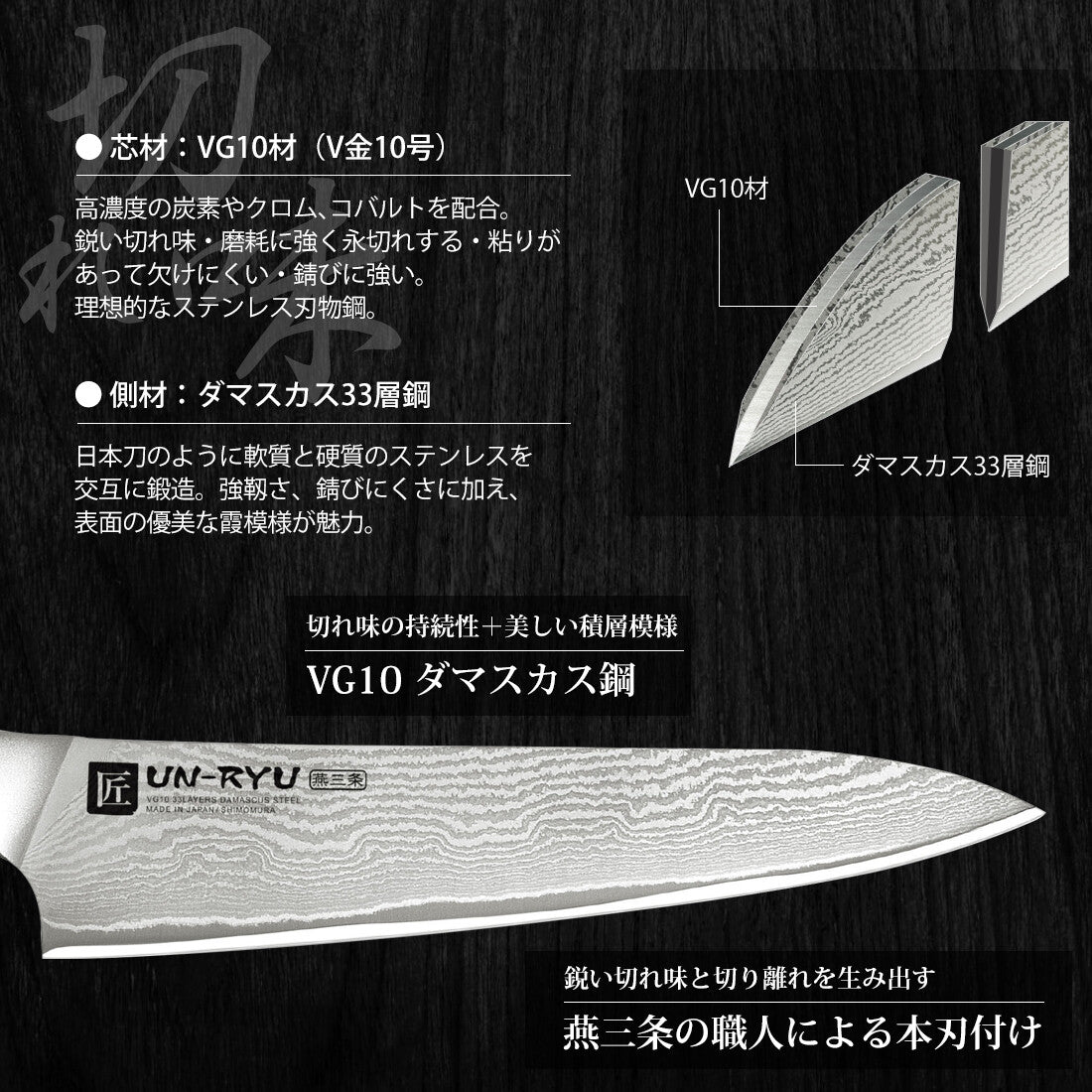 Shimomura Unryu Gyuto Chef Knife VG10 Damascus Wood Handle 210mm UNR-05