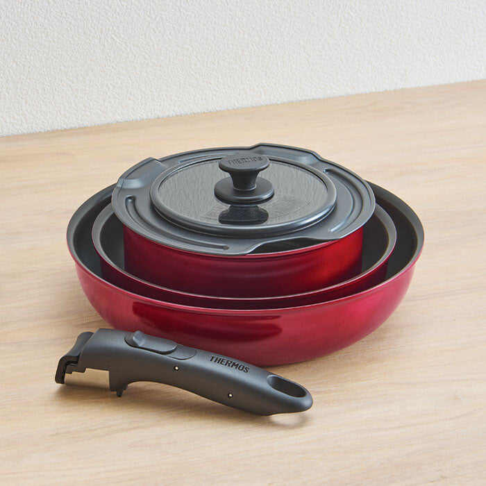 Thermos Detachable Handle Cookware 5-Piece Set Deep Red KSD-5A