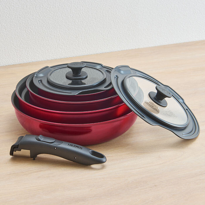 Thermos Detachable Handle Cookware 8-Piece Set Deep Red KSD-8A
