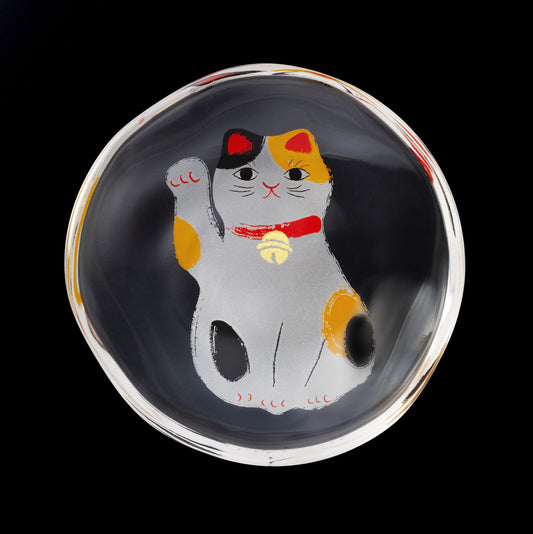 Aderia Maneki Neko Lucky Cat Bean Plate Mike Glass 6802
