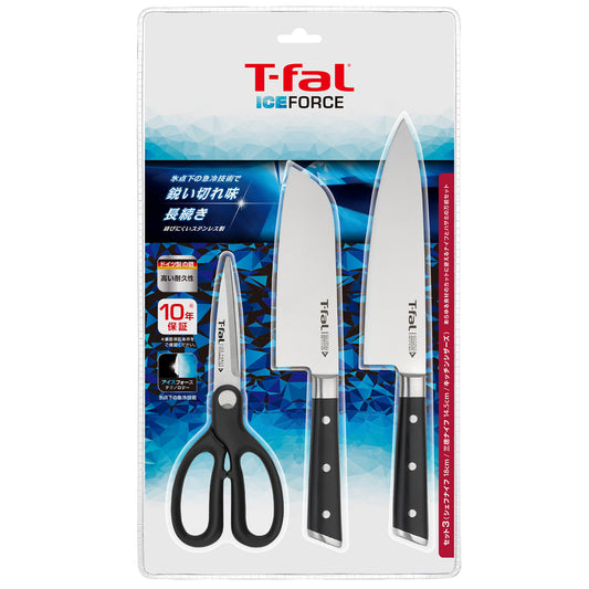 T-fal Ice Force 3-Piece Knife Set Chef Santoku Scissors K2423S