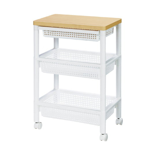 Fudo Giken 3-Tier Wood Table Wagon with Drawer White F2491W