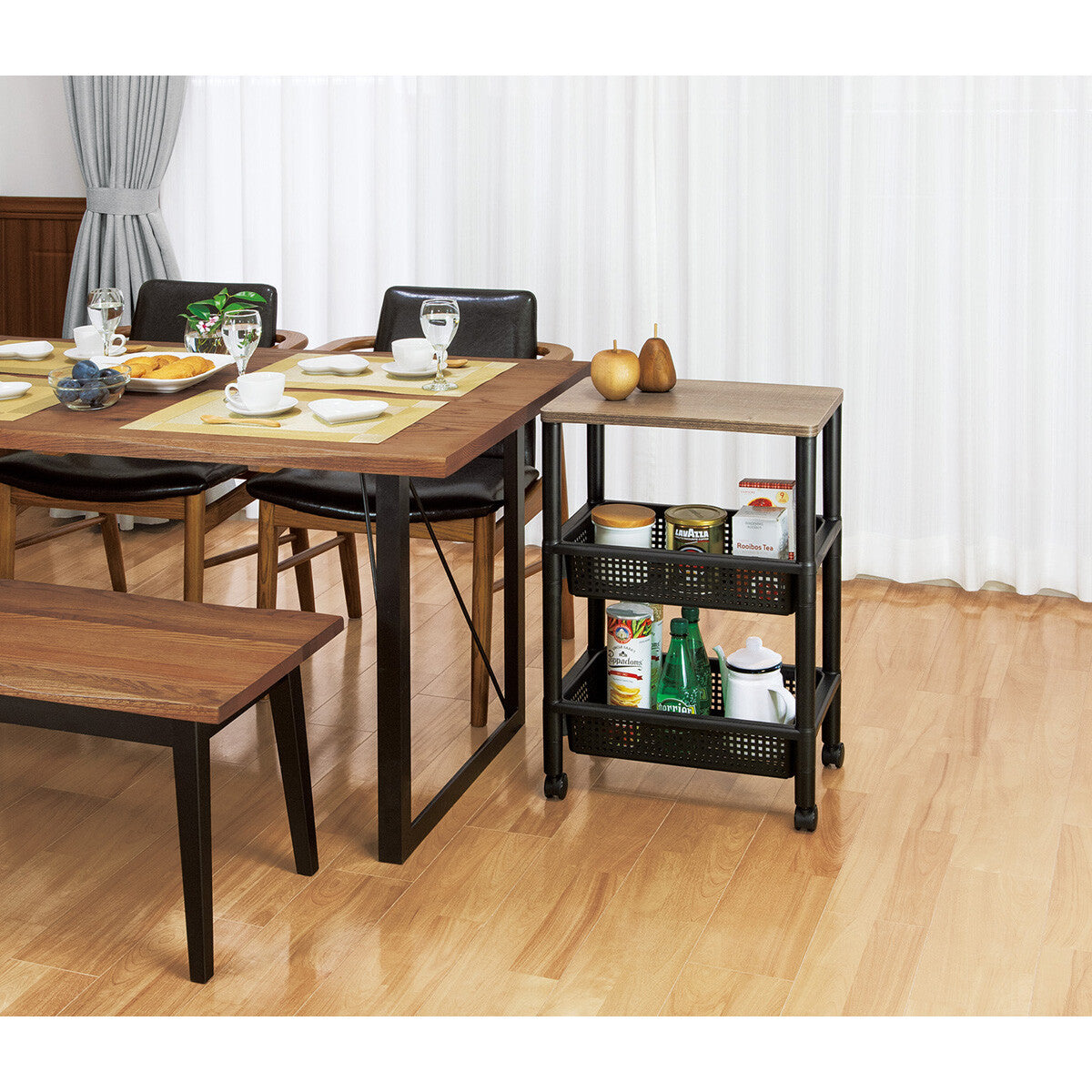 Fudo Giken 3-Tier Wood Style Wagon Cart, Black F49001BK