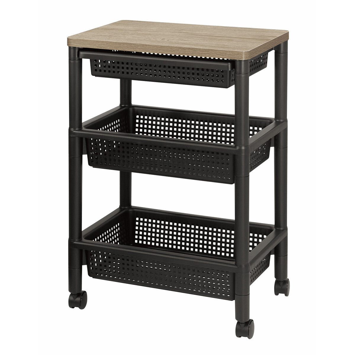 Fudo Giken 3-Tier Wood Style Wagon Cart with Drawer, Black F49104BK