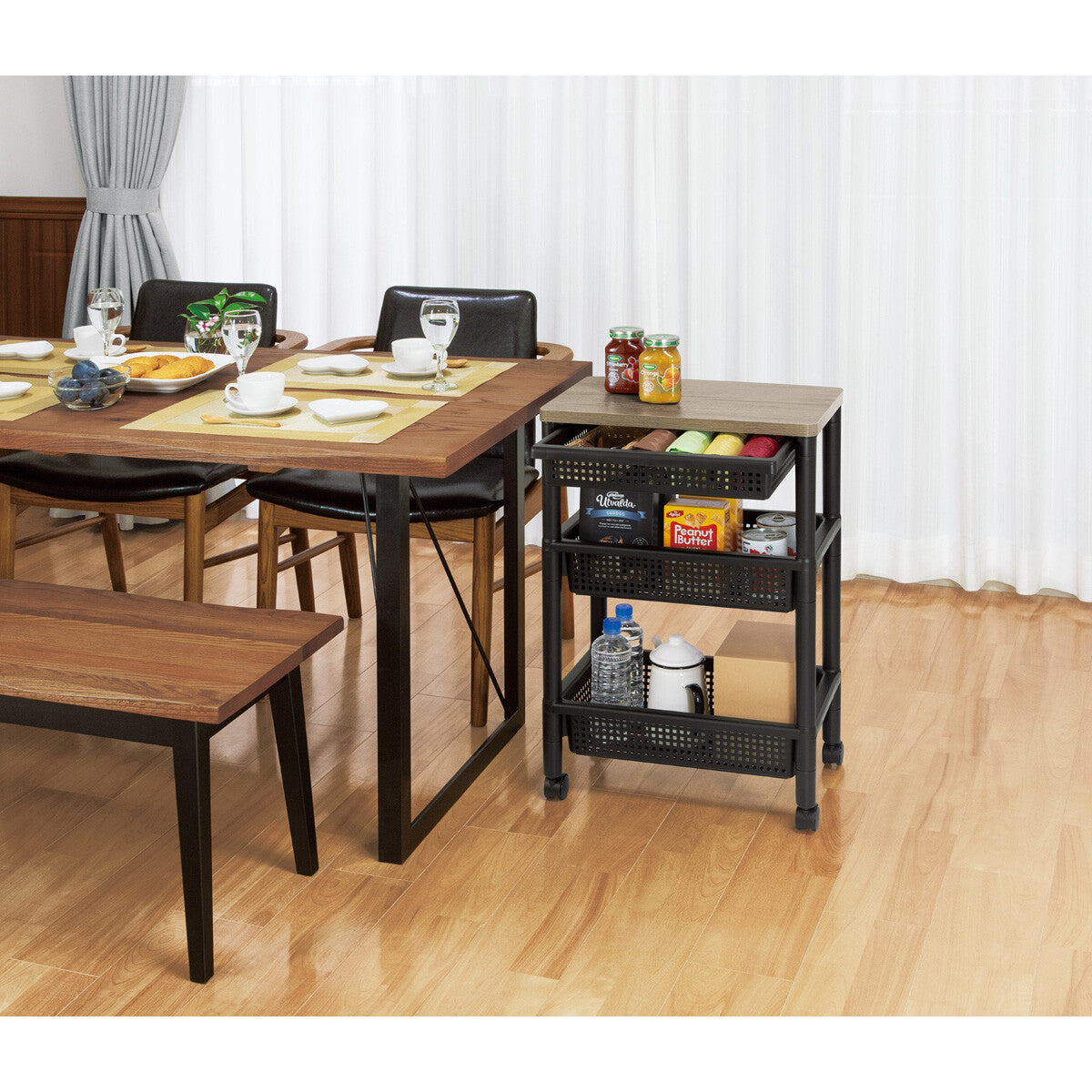 Fudo Giken 3-Tier Wood Style Wagon Cart with Drawer, Black F49104BK