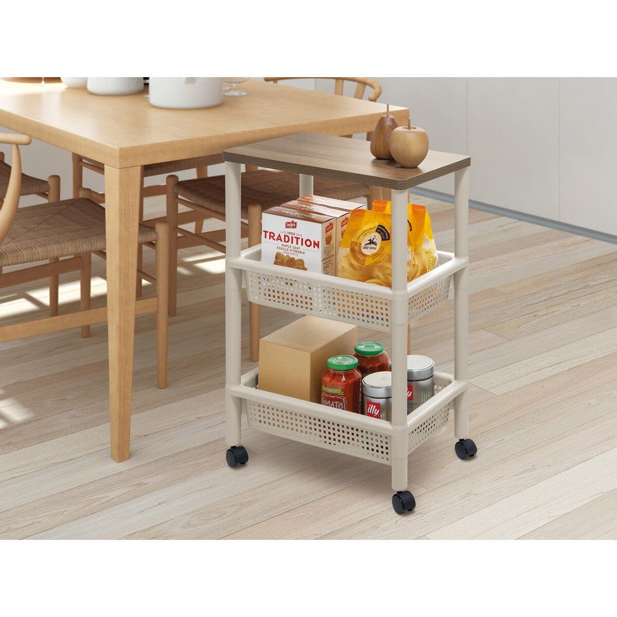 Fudo Giken Wood Table Wagon Cart 3-Tier Greige F2490GRB