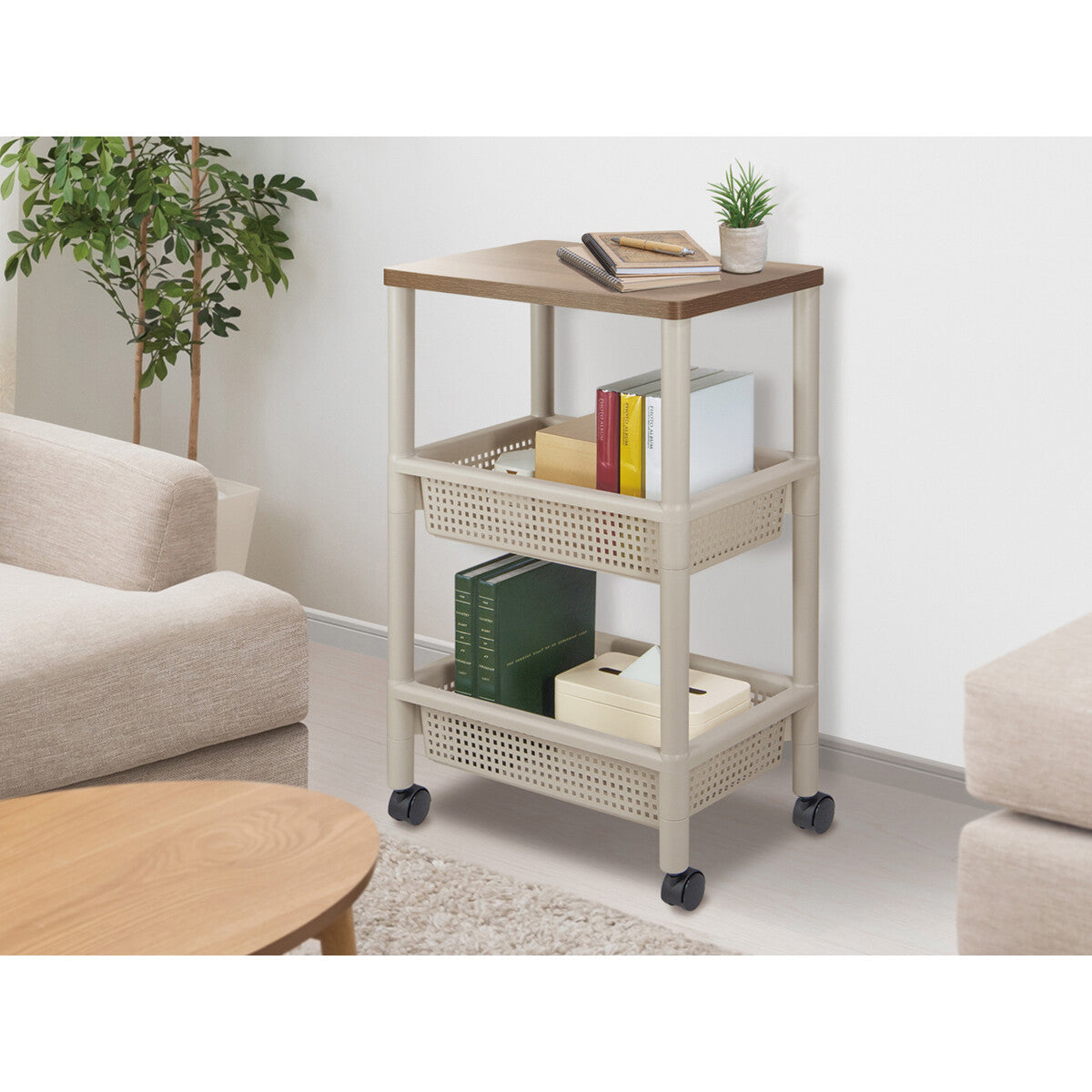 Fudo Giken Wood Table Wagon Cart 3-Tier Greige F2490GRB