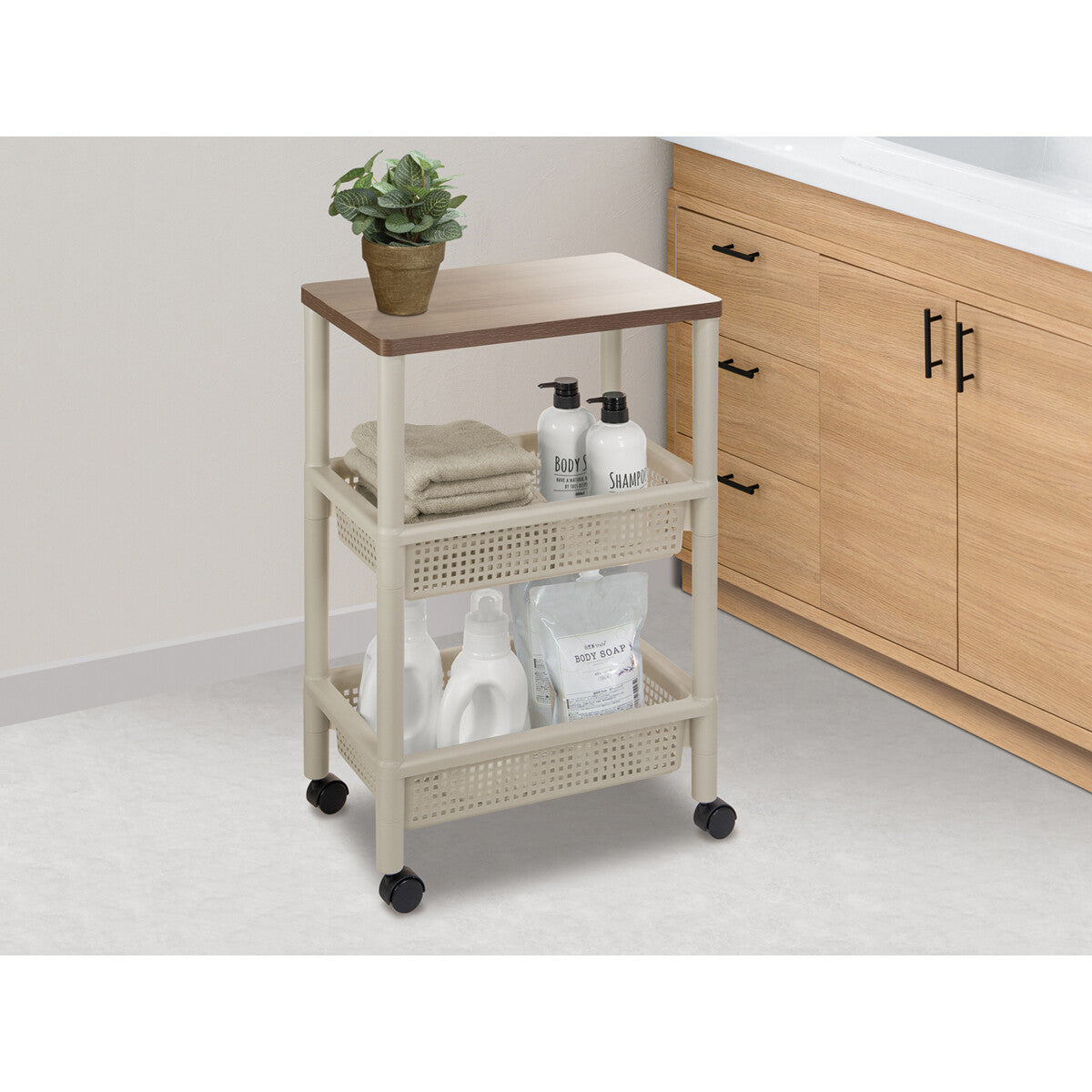 Fudo Giken Wood Table Wagon Cart 3-Tier Greige F2490GRB