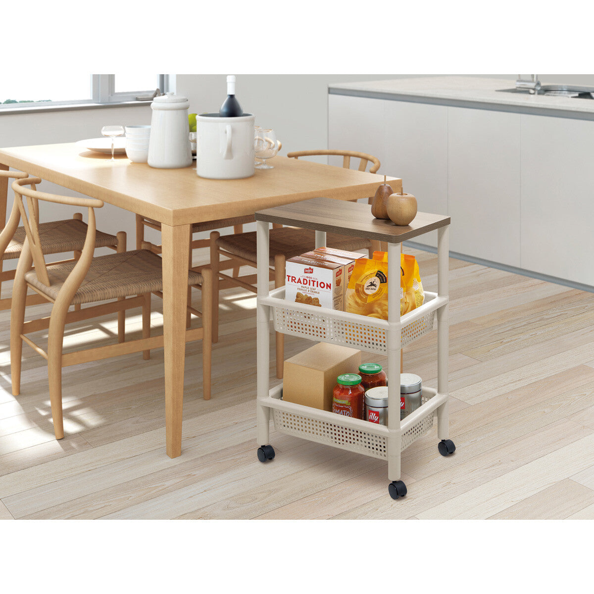 Fudo Giken Wood Table Wagon Cart 3-Tier Greige F2490GRB