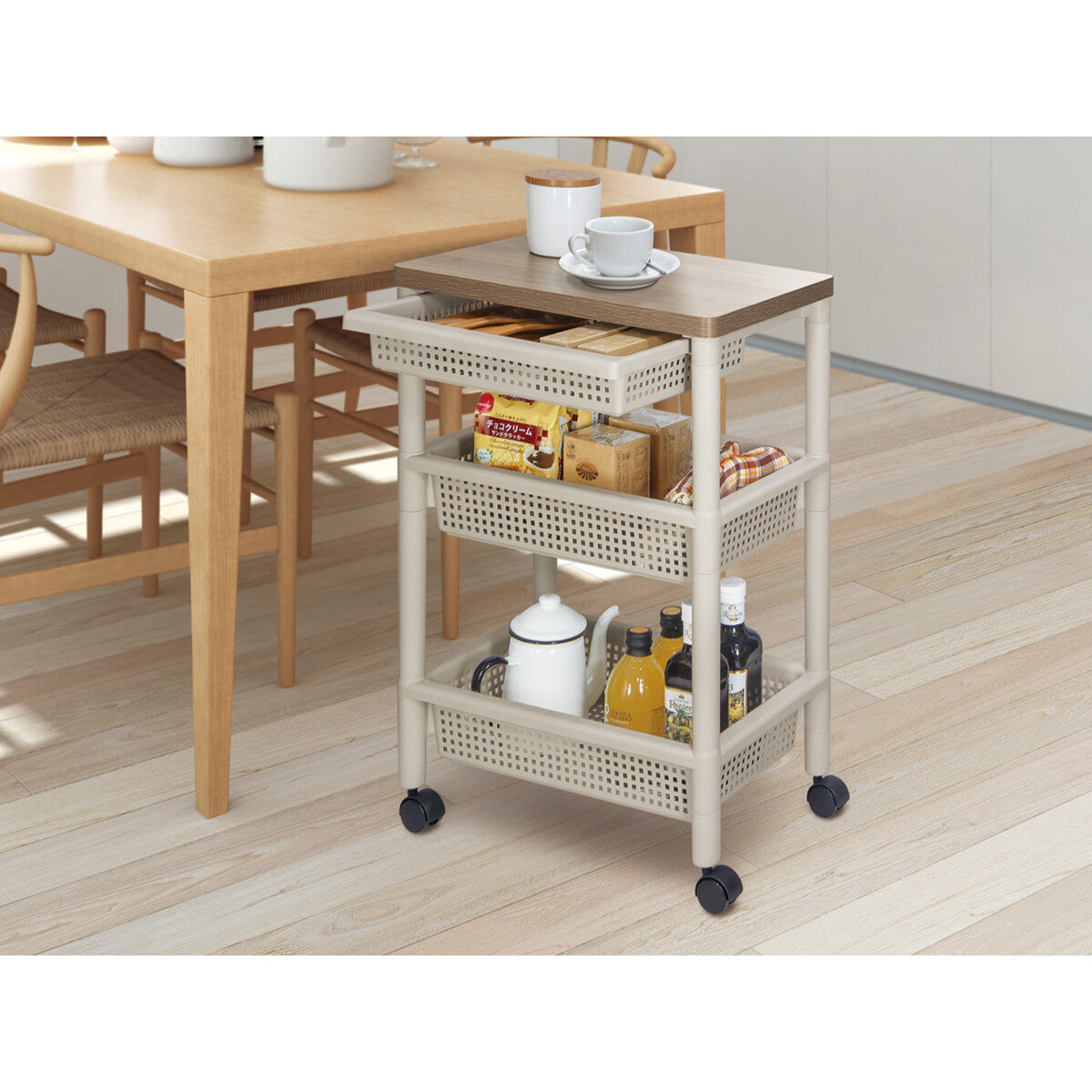 Fudo Giken Wood Table Wagon Cart 3-Tier Greige F2491GRB