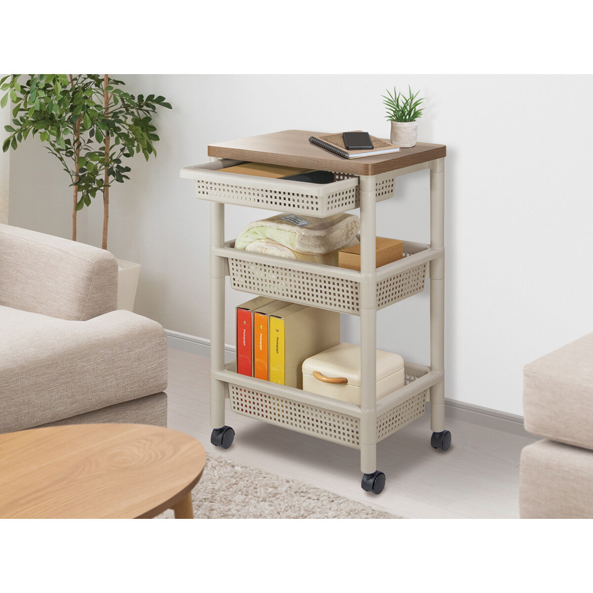 Fudo Giken Wood Table Wagon Cart 3-Tier Greige F2491GRB