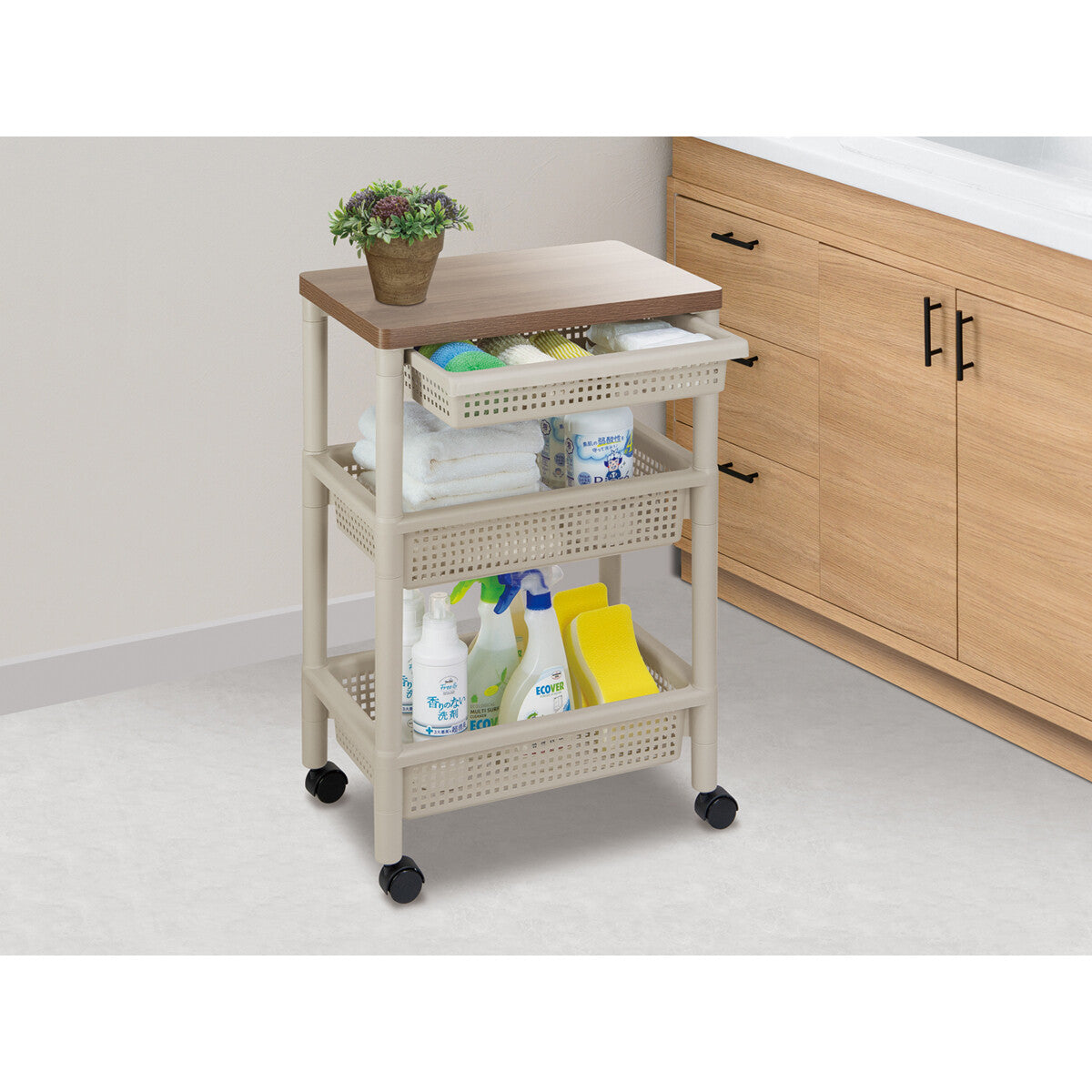 Fudo Giken Wood Table Wagon Cart 3-Tier Greige F2491GRB