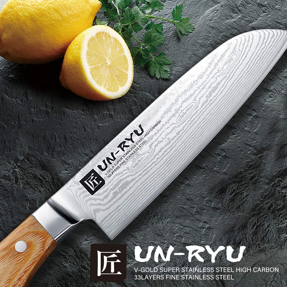 Shimomura Unryu Damascus Steel Knife with Wood Handle