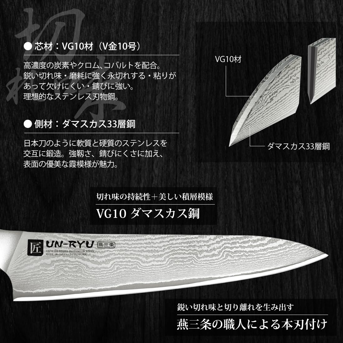Shimomura Unryu Small Santoku Knife VG10 Damascus All Stainless 155mm UNR-302