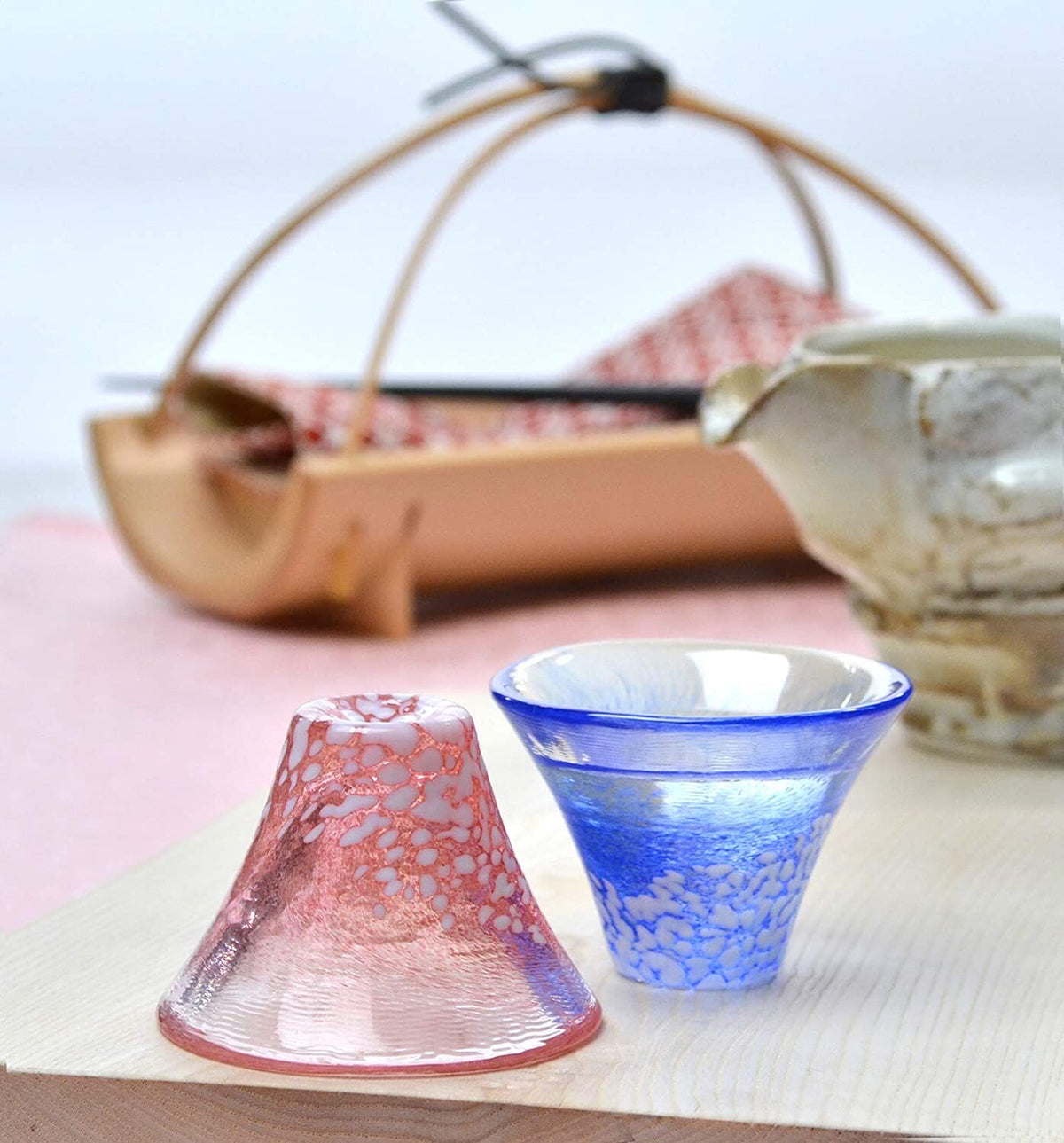 Toyo-Sasaki Glass Mt. Fuji Cold Sake Cup Set Blue & Red 35ml