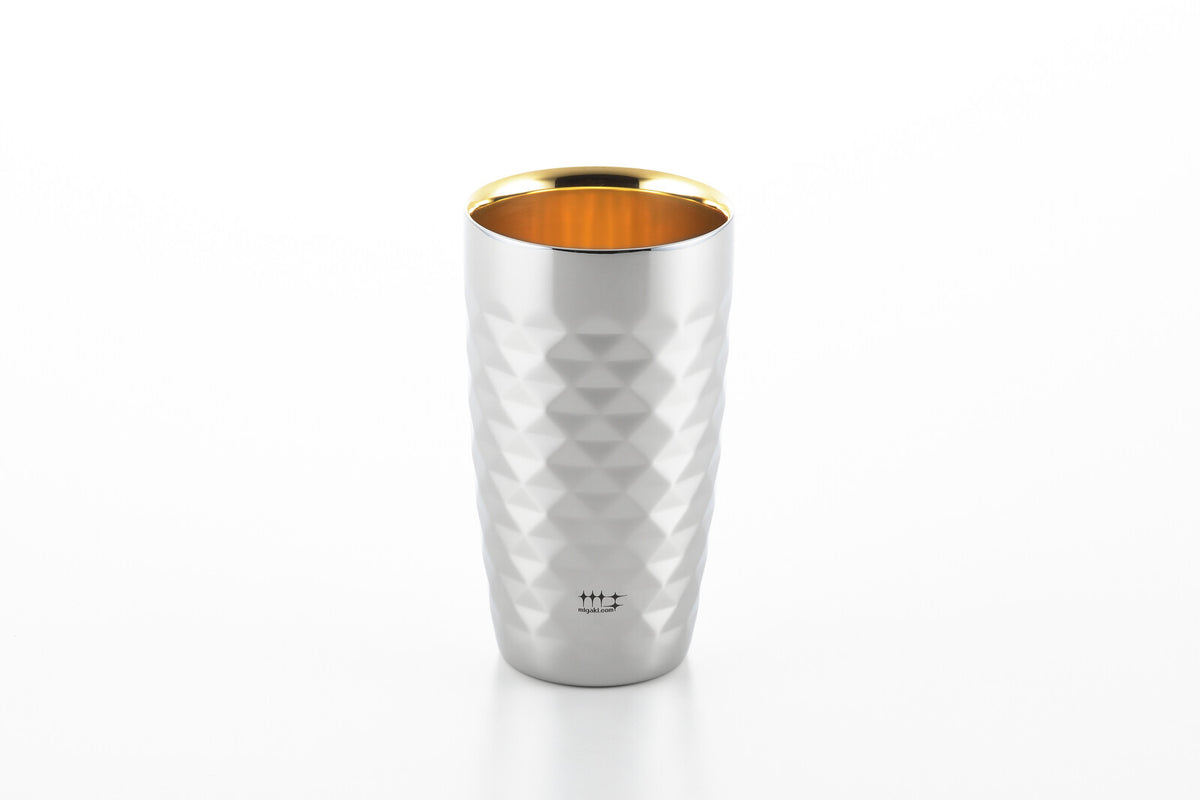 Yoshikawa Double-Wall Diamond-Cut Beer Tumbler 370ml Gold-Plated Interior