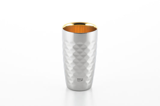 Yoshikawa Double-Wall Diamond-Cut Beer Tumbler 370ml Gold-Plated Interior