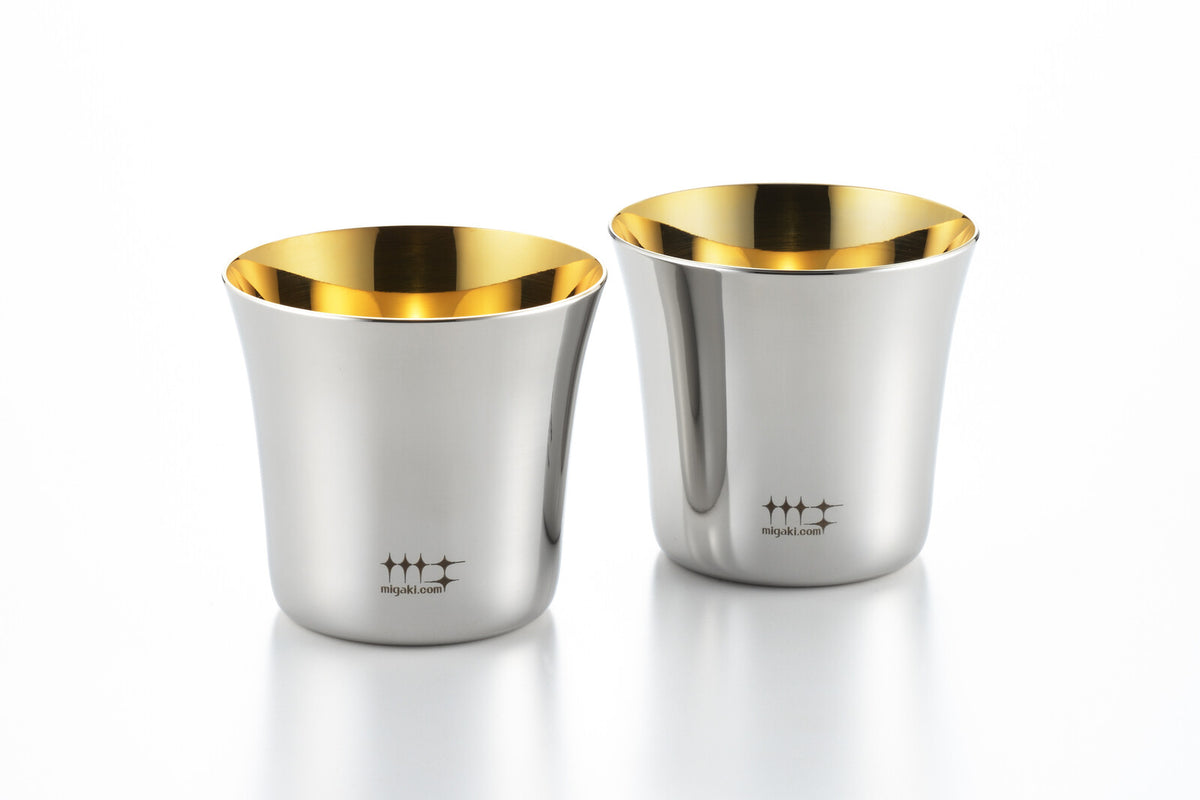 Yoshikawa Stainless Steel Guinomi Sake Cups 190ml Gold-Plated Interior Set of 2