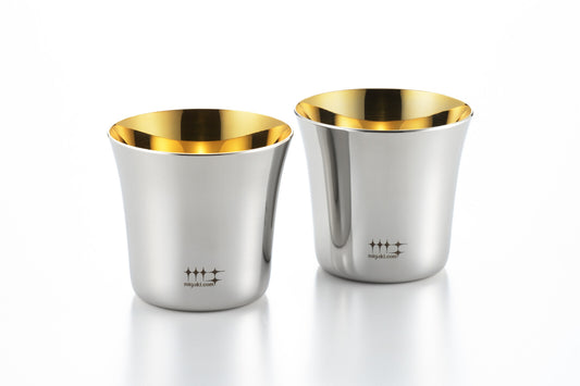 Yoshikawa Stainless Steel Guinomi Sake Cups 190ml Gold-Plated Interior Set of 2