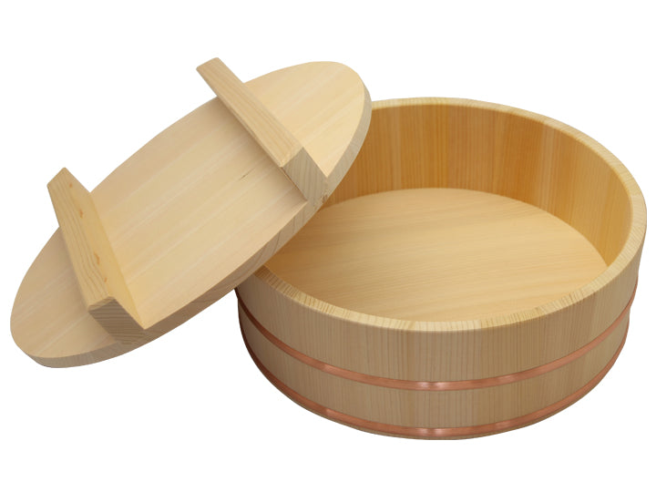Shimizu Mokuzai Sushi Rice Mixing Tub (Hangiri) with Lid 27cm Copper Hoops