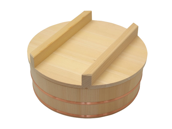Shimizu Mokuzai Sushi Rice Mixing Tub (Hangiri) with Lid 27cm Copper Hoops