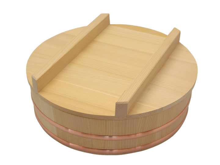 Shimizu Mokuzai Sushi Rice Mixing Tub (Hangiri) with Lid 33cm Copper Hoops